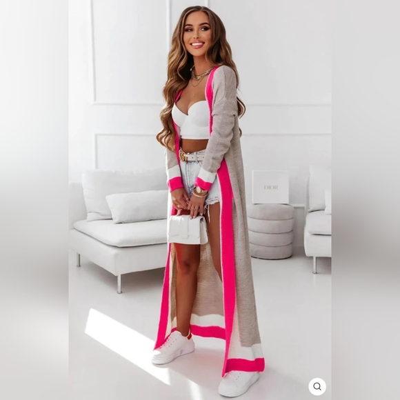 "CERSEI" ITALIAN DESIGNER CARDIGAN LONGLINE COLOR BLOCK IN HOT PINK - US 10-12 - Picture 7 of 11